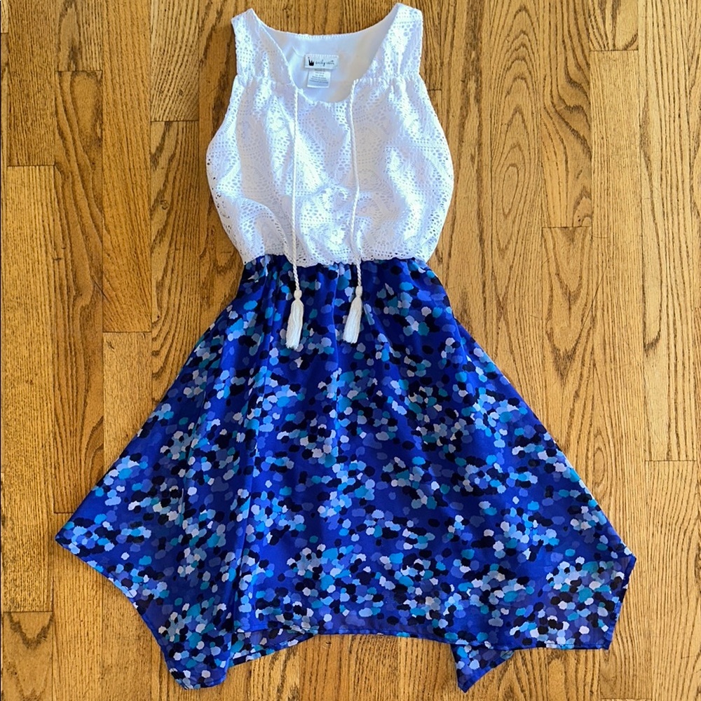 Emily West White and Blue Asymmetrical Handkerchief Hem Sundress, size 10